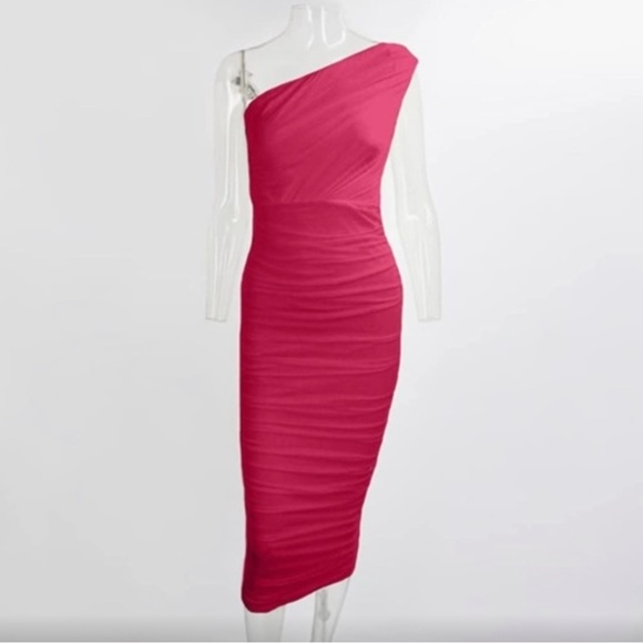 Pofash Bodycon Ruched Tube Midi One Shoulder Lined Fuchsia Pink Dress- Medium - Picture 3 of 8